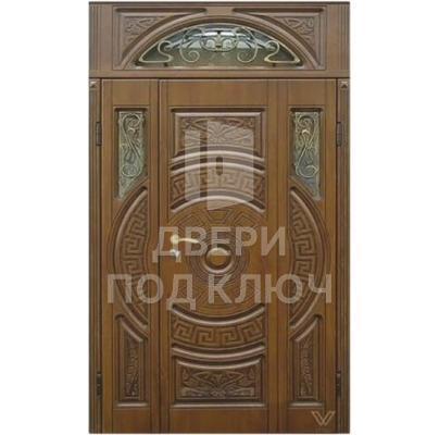 Стальная трехстворчатая входная дверь с верхней вставкой, окошком и ковкой ДПК-11932